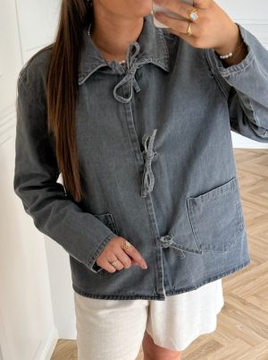Only Thille LS Tie Jakke Dark Medium Grey Denim Online salg