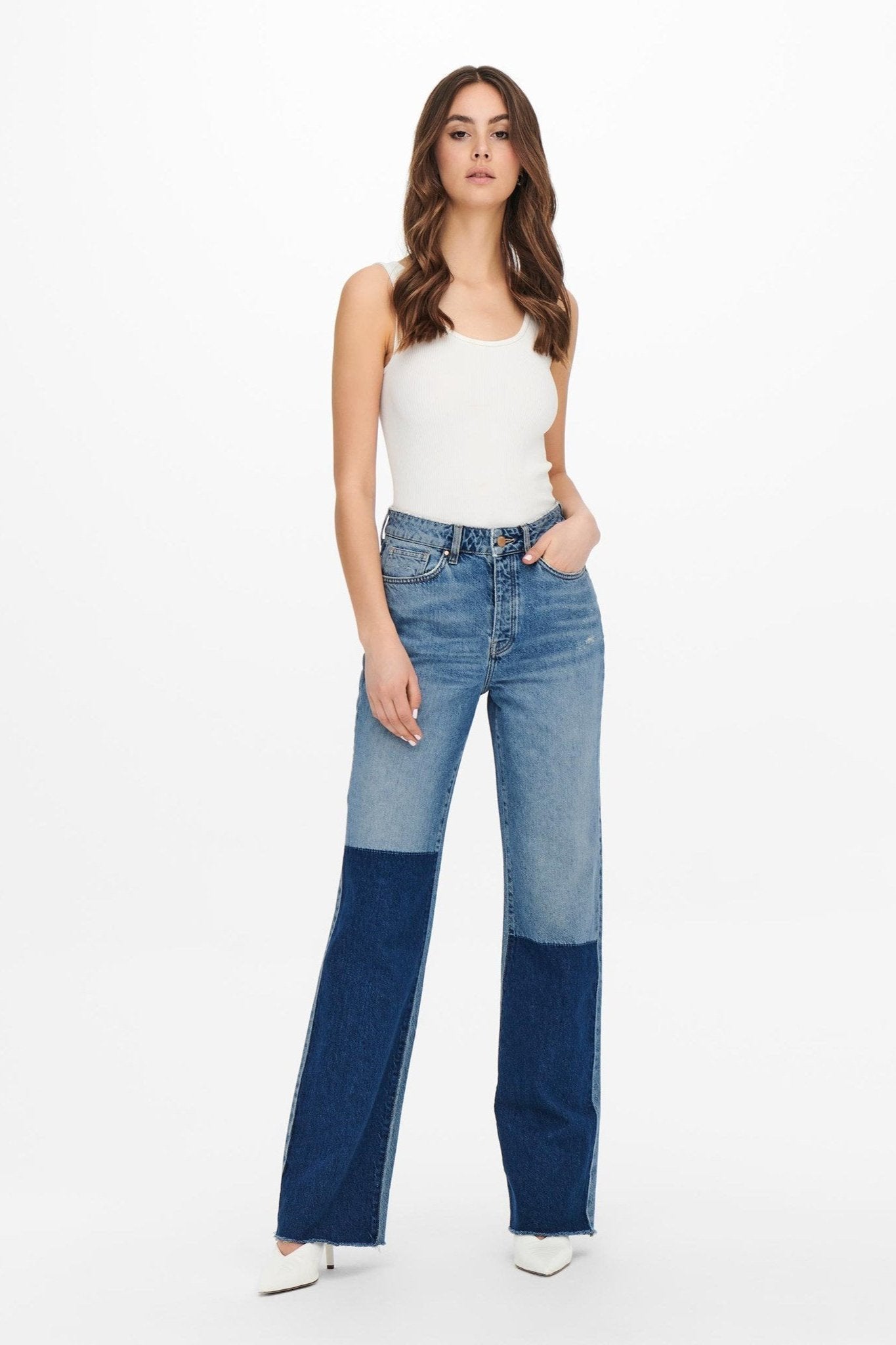 Zikka Farve Blok Bukser - Medium Blå Denim