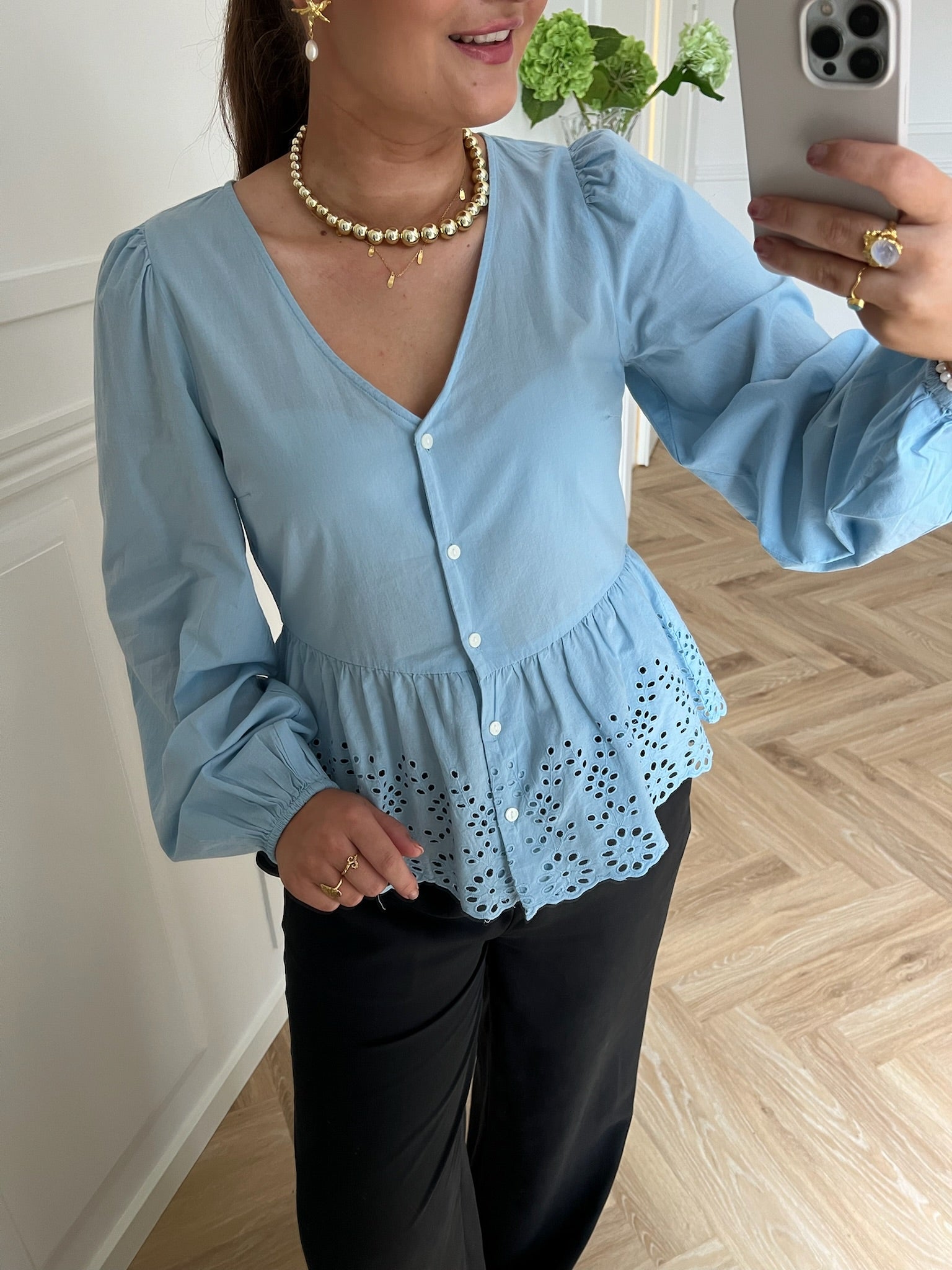 Pieces Malika LS V-Neck Bluse Blue Bell