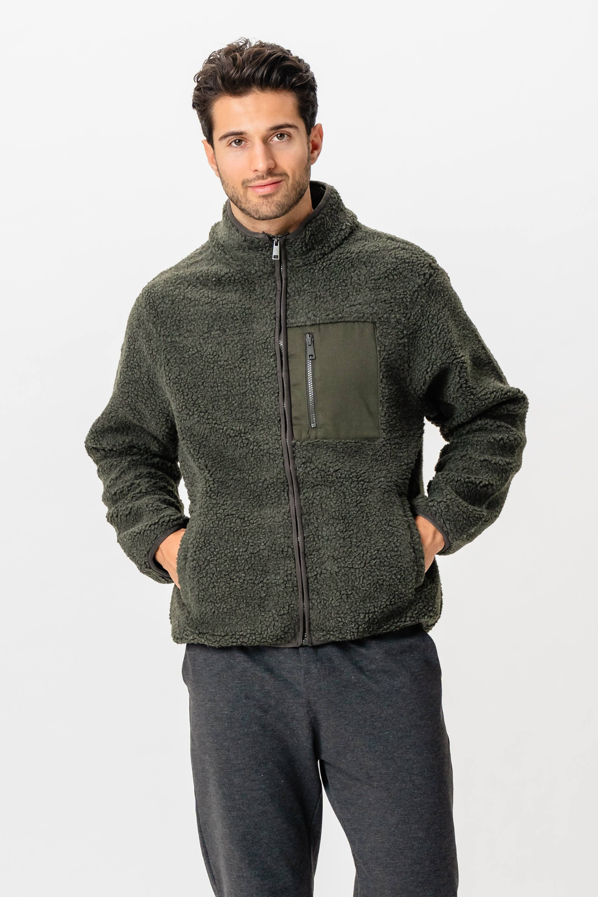 Fleece Jakke - Mørk Olive Online salg