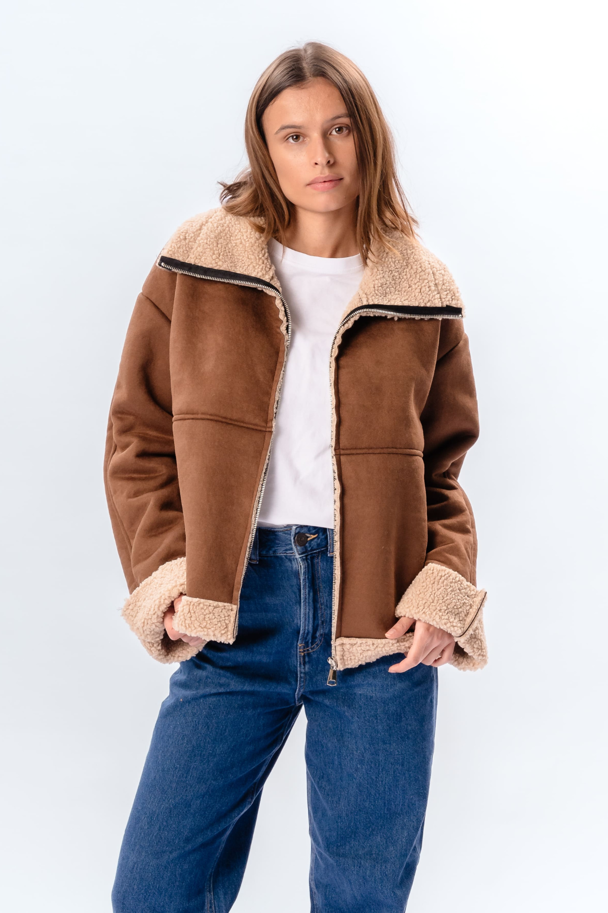 Shearling Zipper Coat - Brun