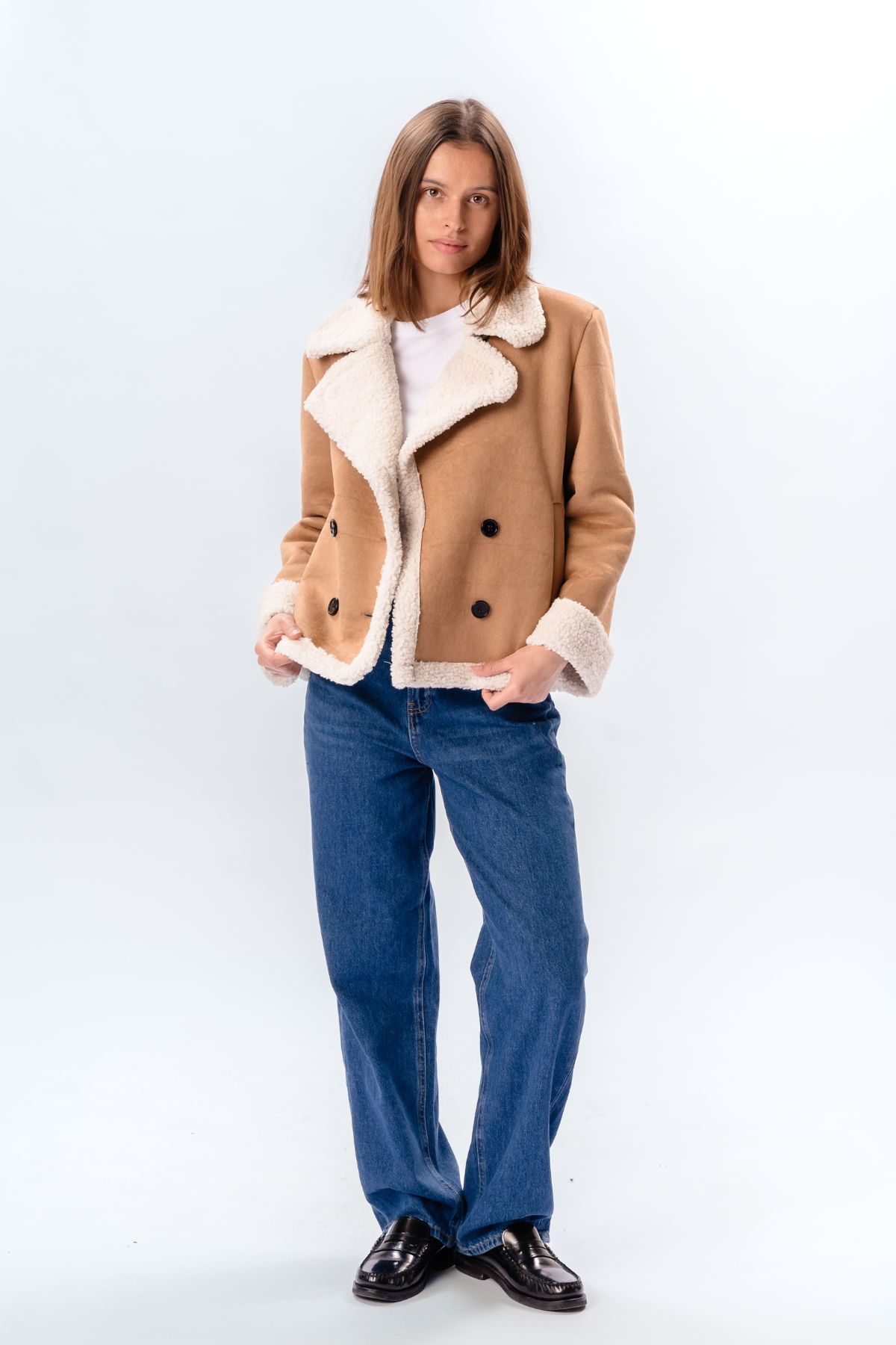 Shearling Kort Frakke - Beige Online salg