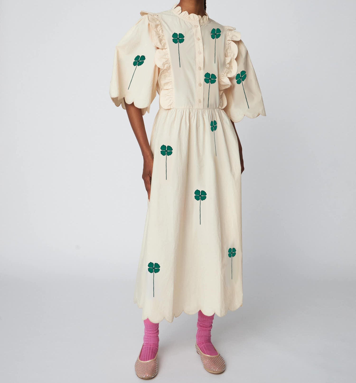 Stella Nova Embroidered Midi Kjole Green/Creme