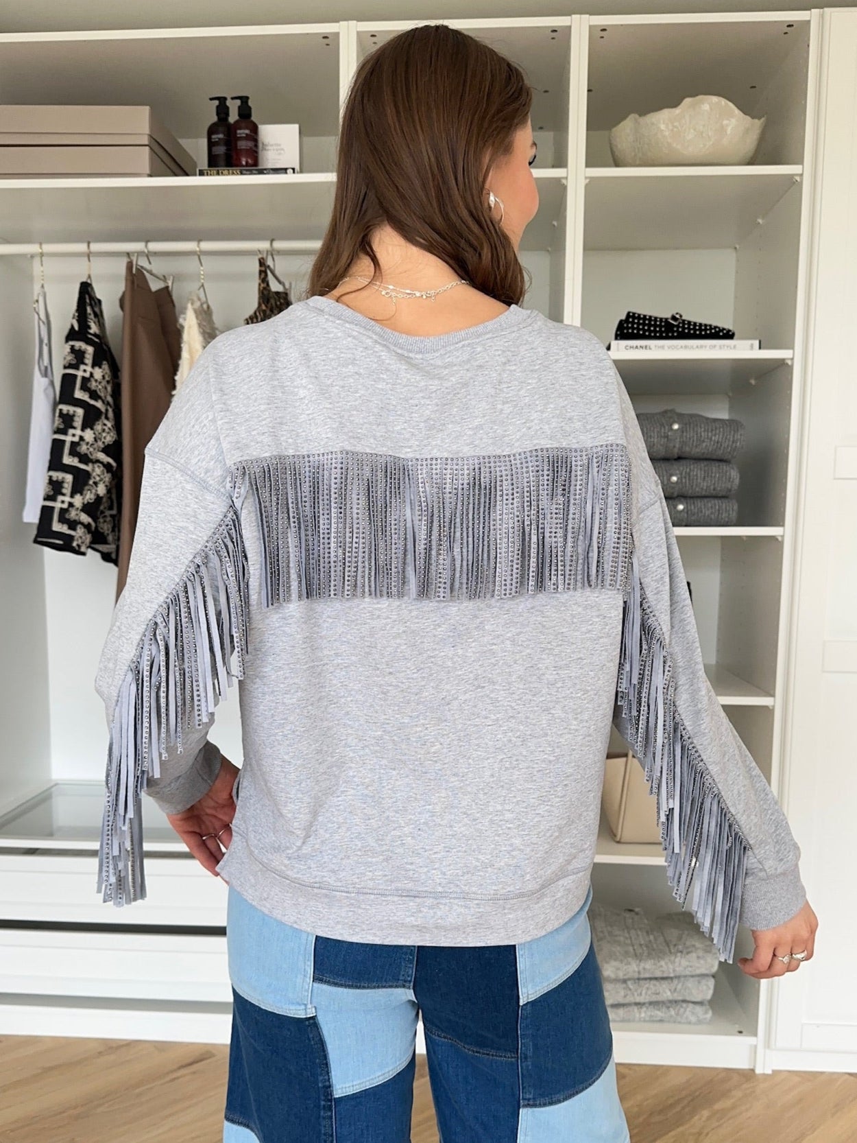 Co'Couture Stud Fringe Sweat Light Grey