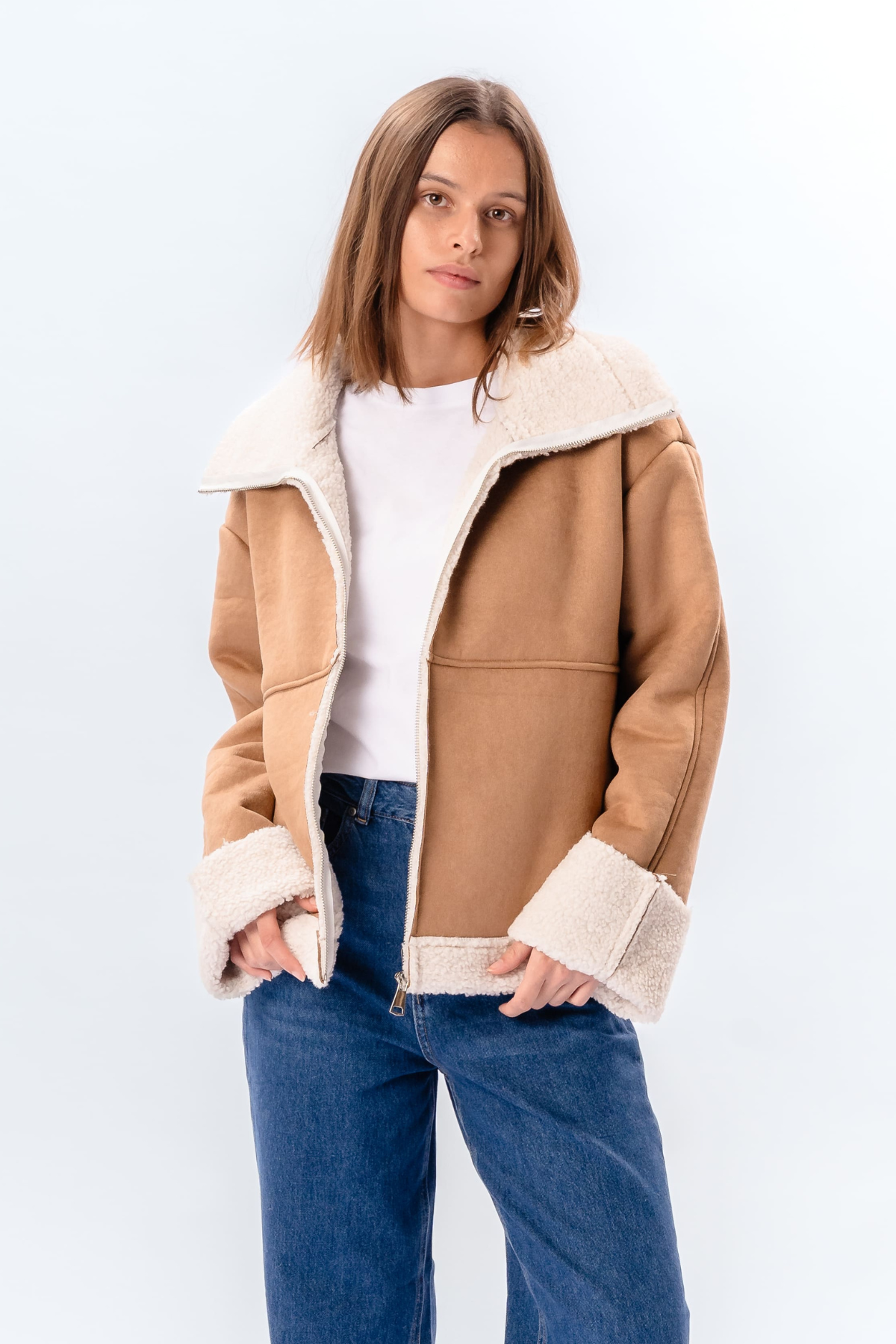 Shearling Zipper Coat - Beige