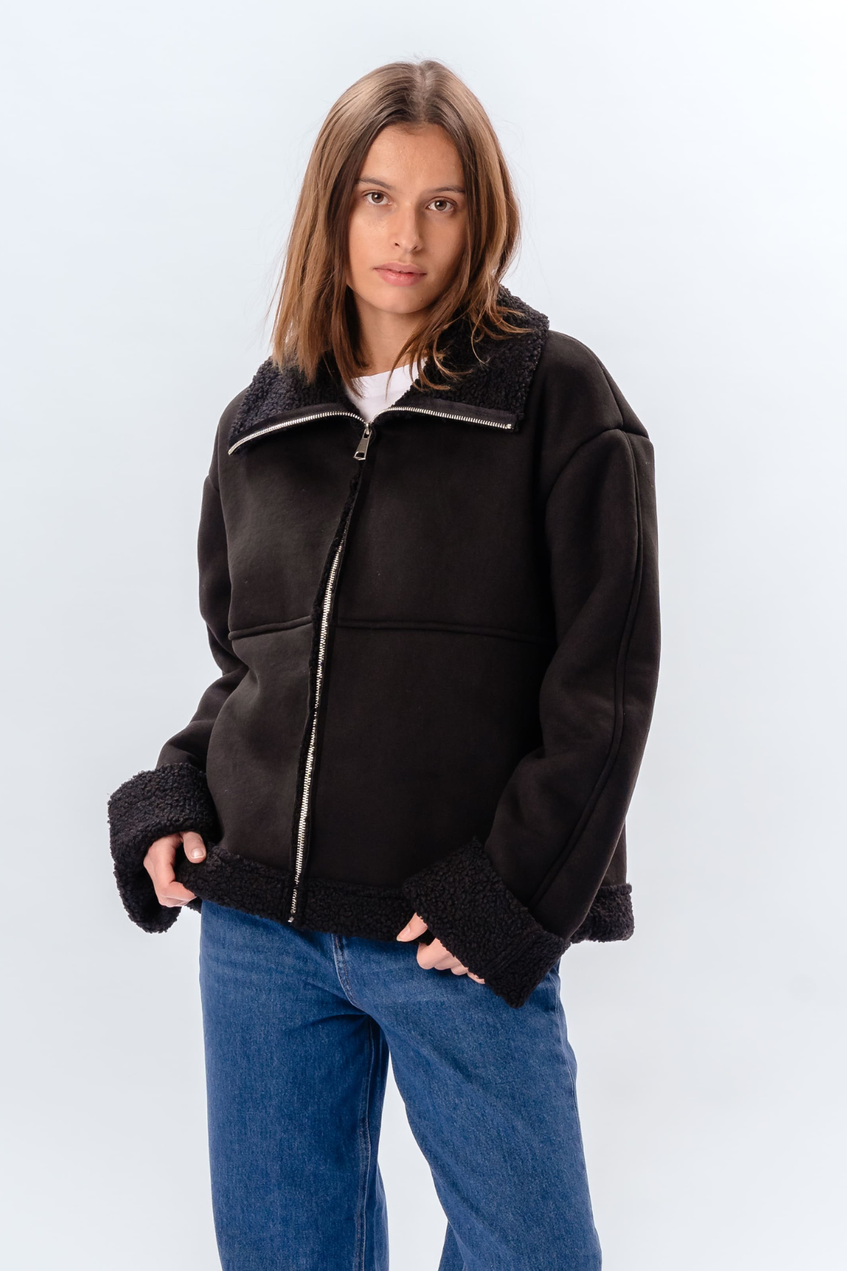 Shearling Zipper Coat - Sort Online Hot Salg