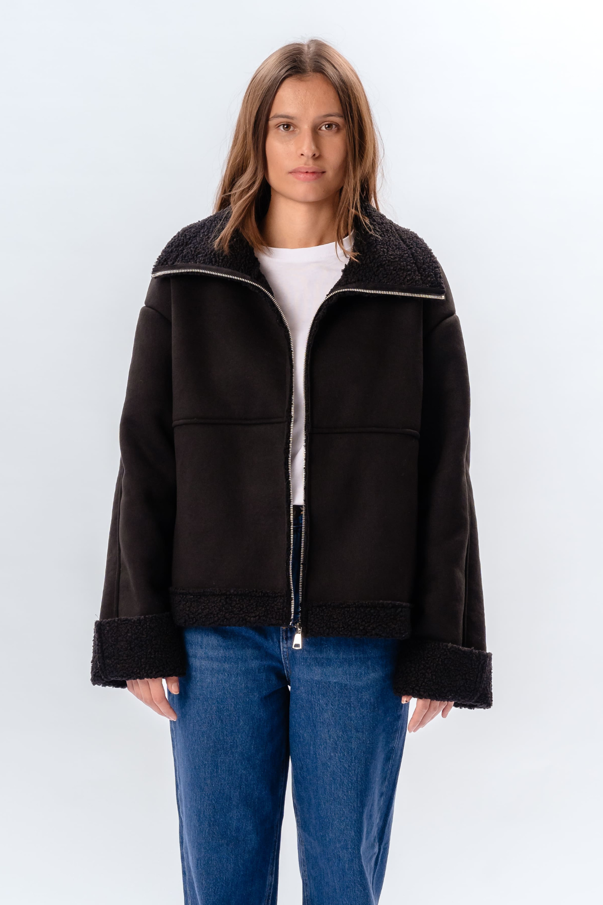 Shearling Zipper Coat - Sort Online Hot Salg