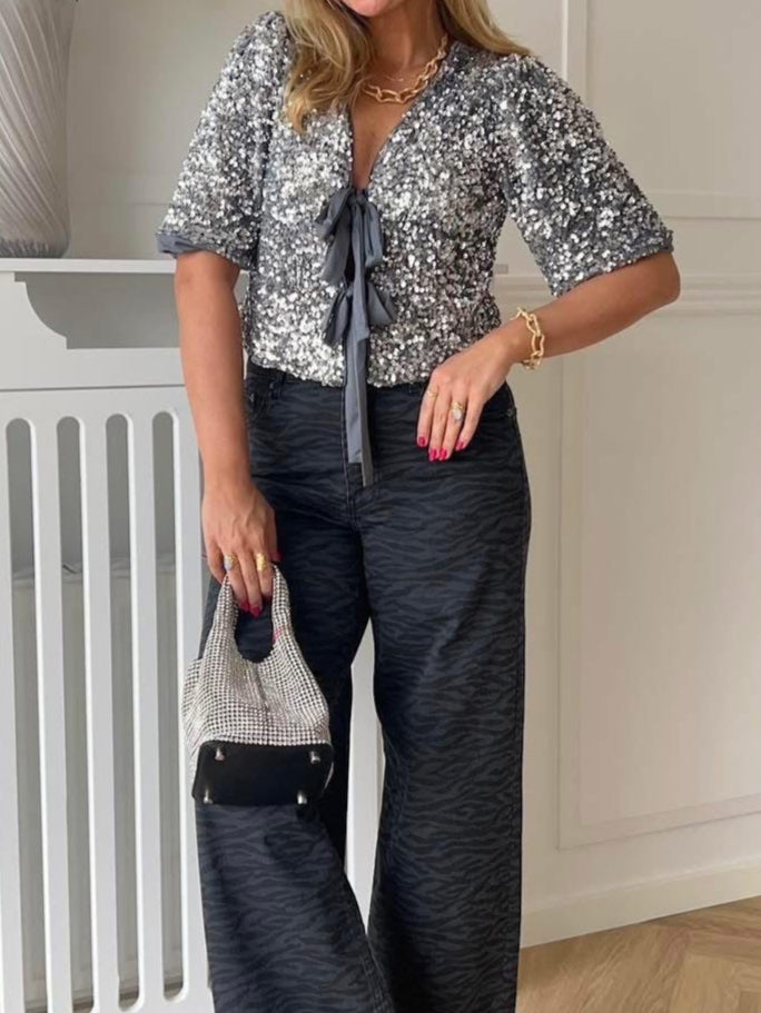 Object Kinne 2/4 Tie Bluse Asphalt/Silversequins