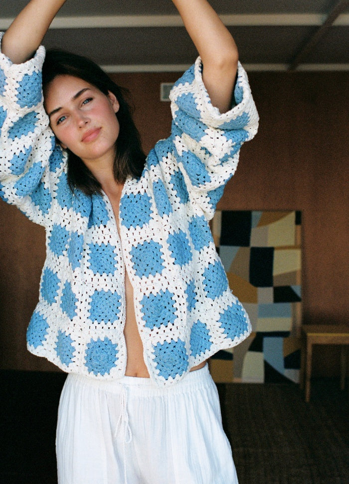 Sissel Edelbo Lucca Crochet Cardigan Cream Blue Squares Online salg
