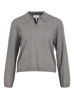 Object Thess LS V-Neck Strik Medium Grey Melange Hot på udsalg