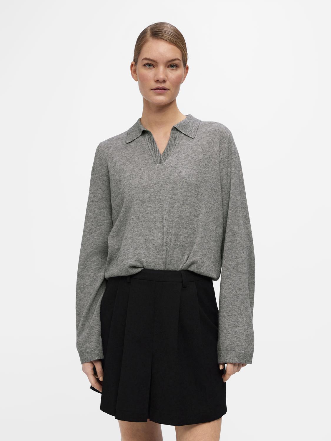 Object Thess LS V-Neck Strik Medium Grey Melange Hot på udsalg