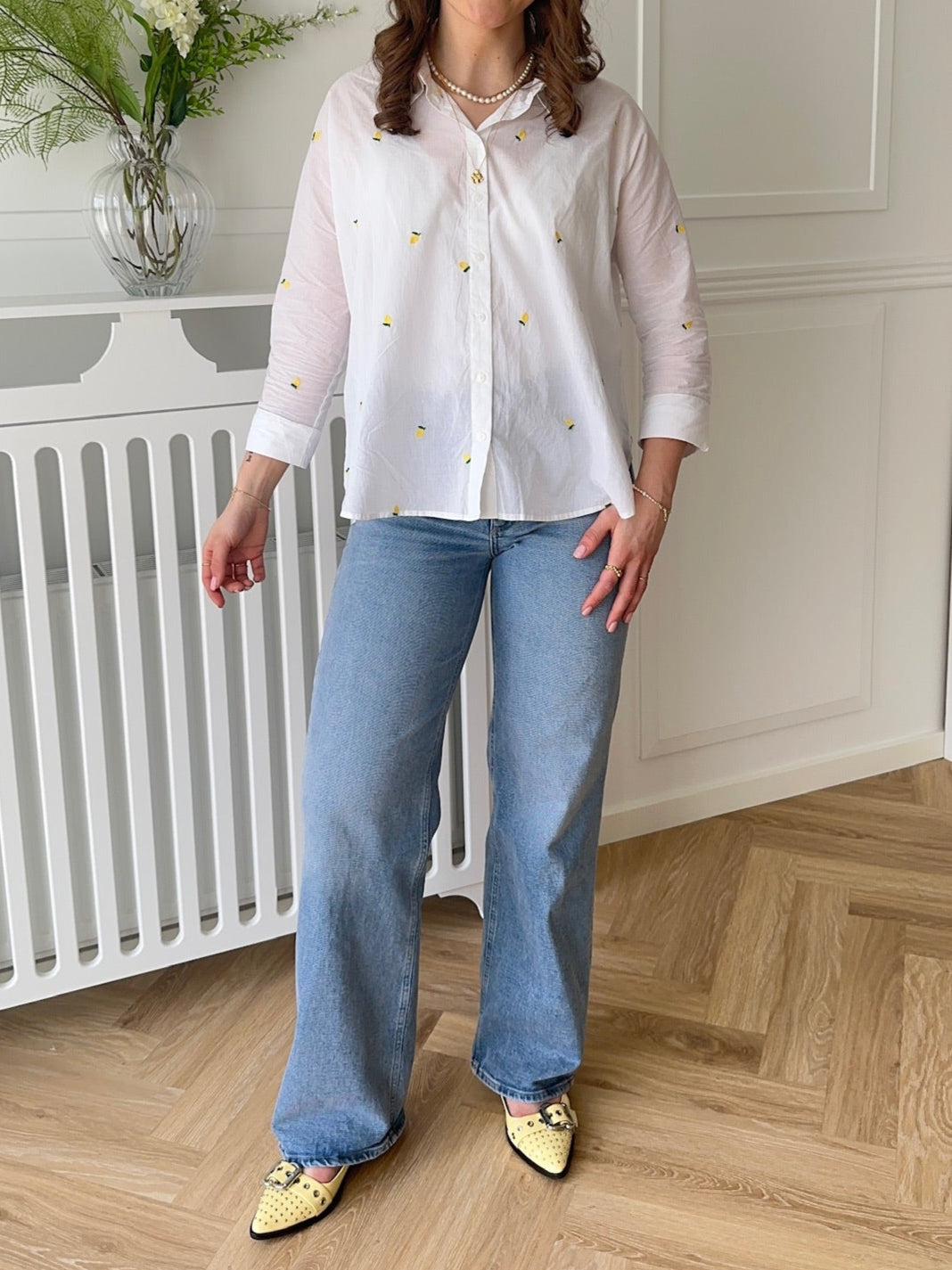 Only New Lina Grace LS Emb Skjorte Bright White Lemon NOS25 Online nu