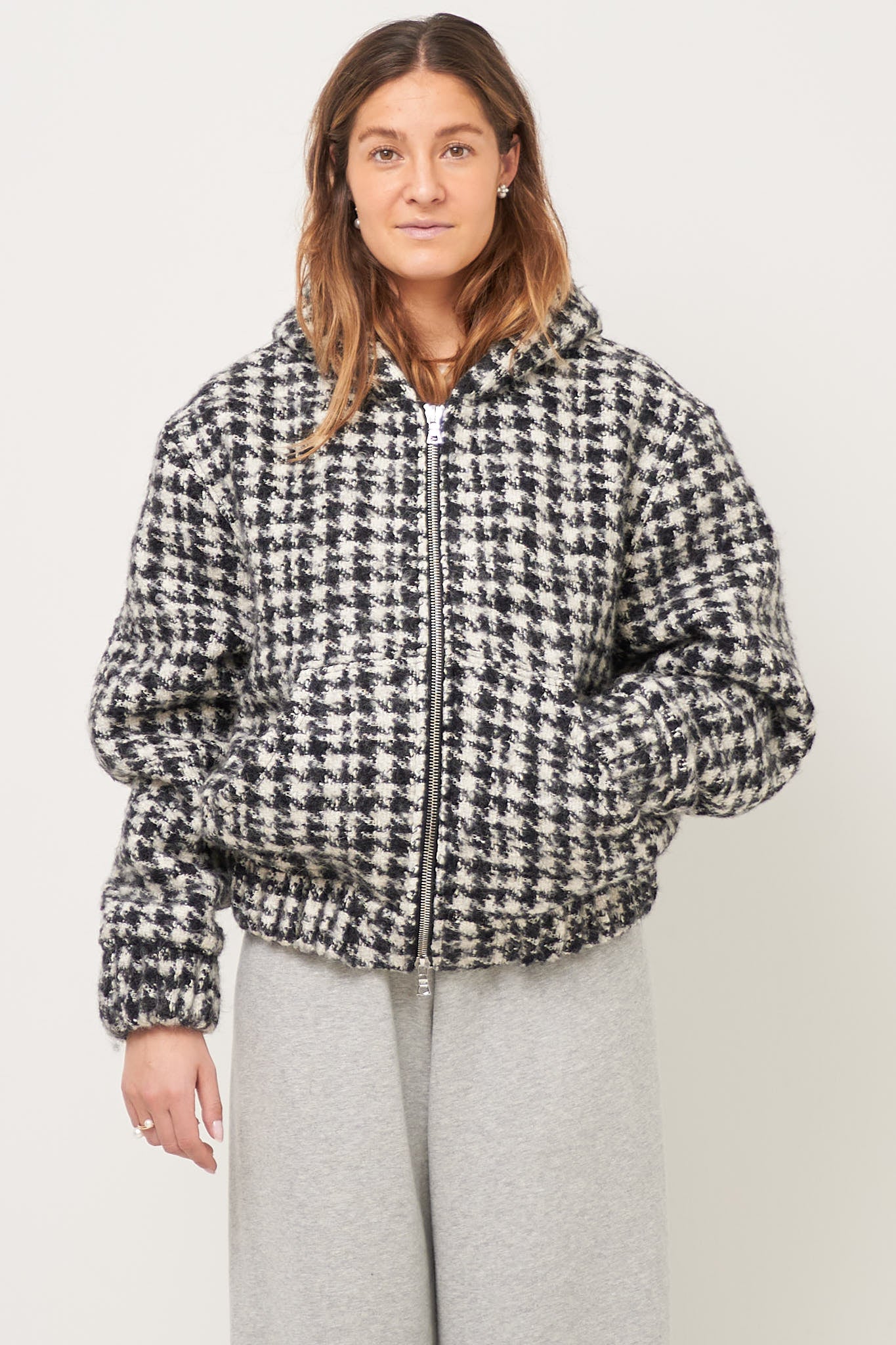 Bouclé Hooded Zip-Up Jacket Houndstooth Black/White