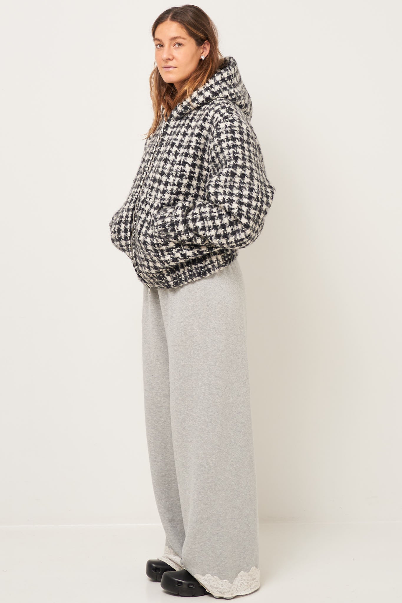 Bouclé Hooded Zip-Up Jacket Houndstooth Black/White