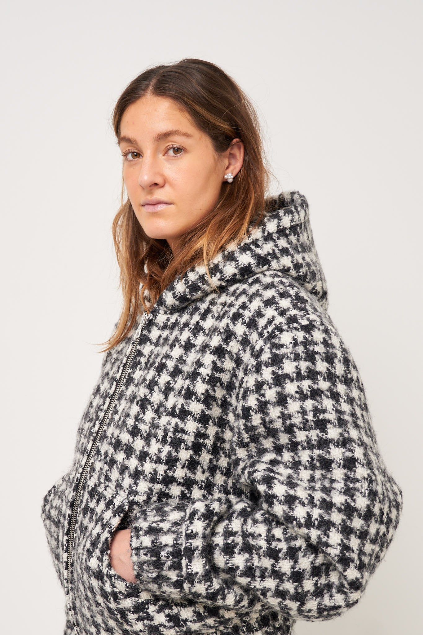 Bouclé Hooded Zip-Up Jacket Houndstooth Black/White