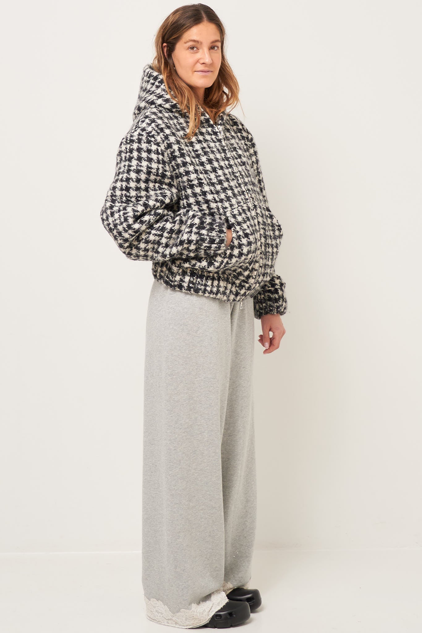 Bouclé Hooded Zip-Up Jacket Houndstooth Black/White