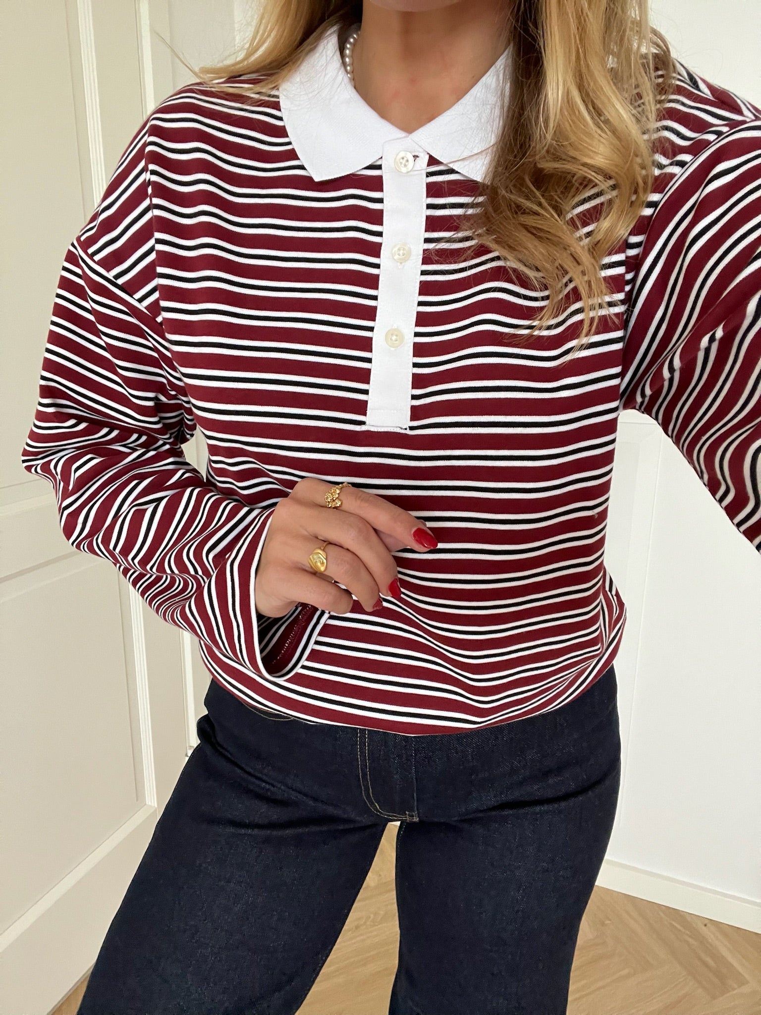 Only Lara L/S Stripe Polo Bluse Carbent Black White Levere