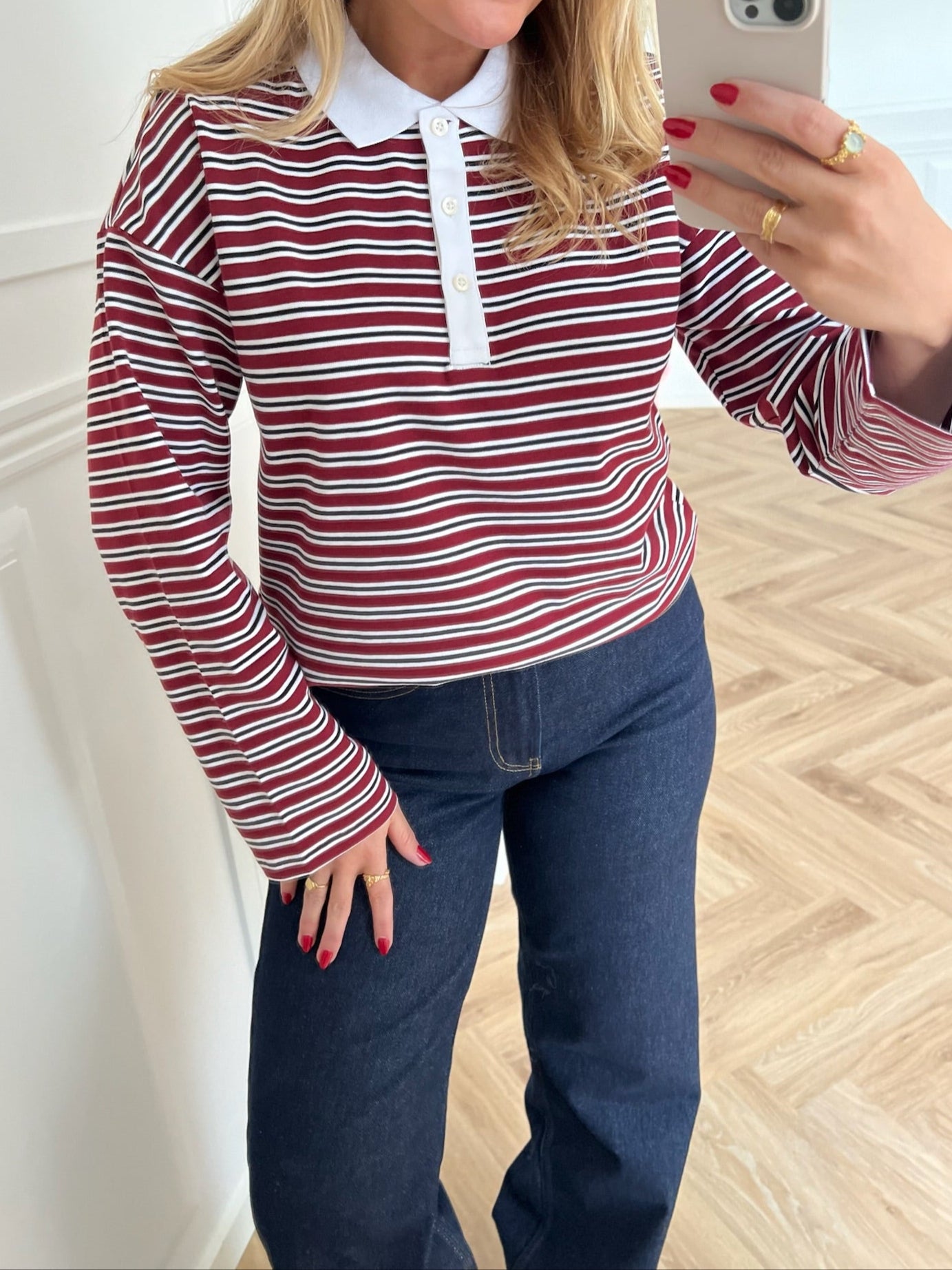 Only Lara L/S Stripe Polo Bluse Carbent Black White Levere