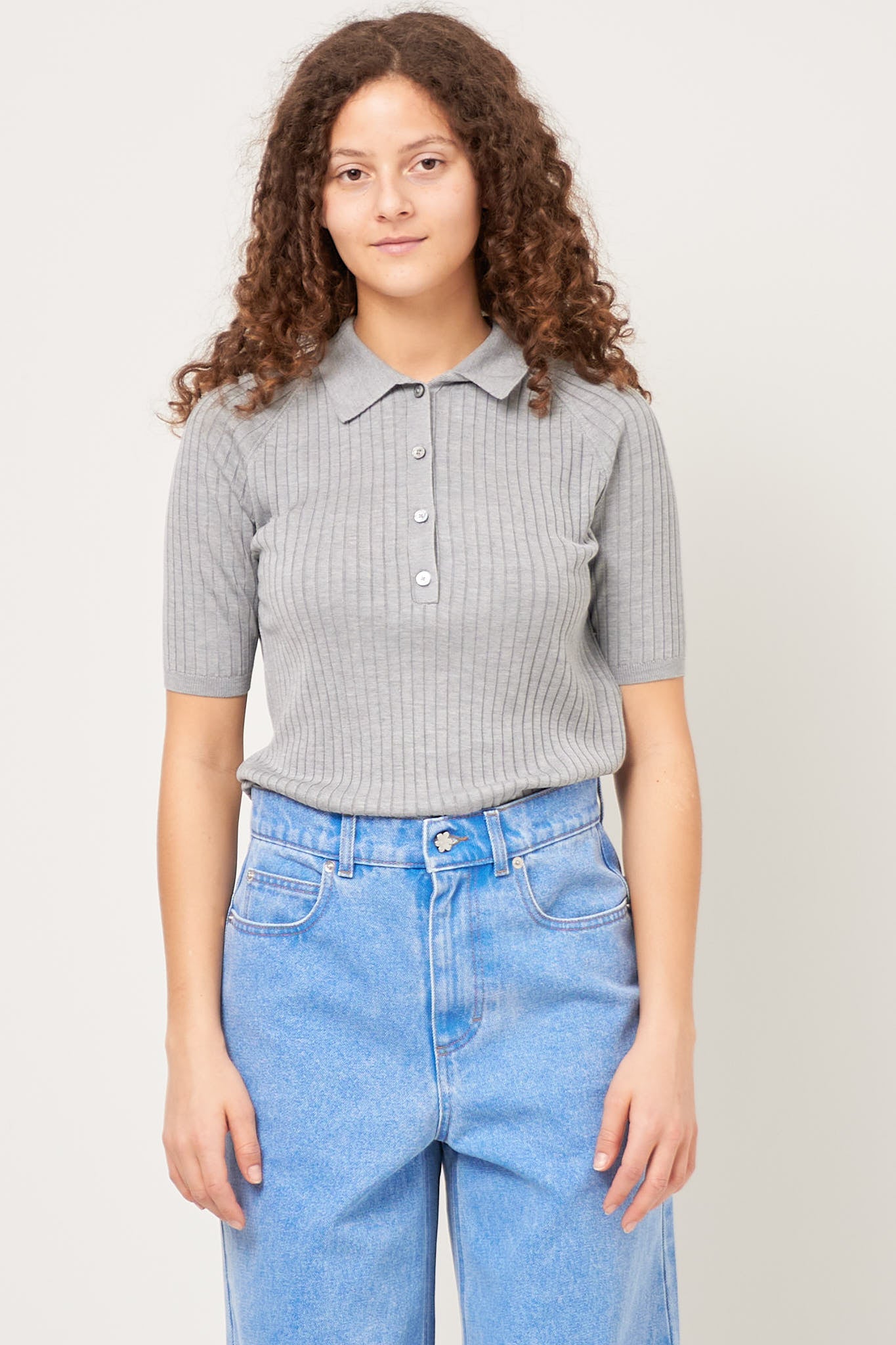 S/S Silk Polo Knit Grey