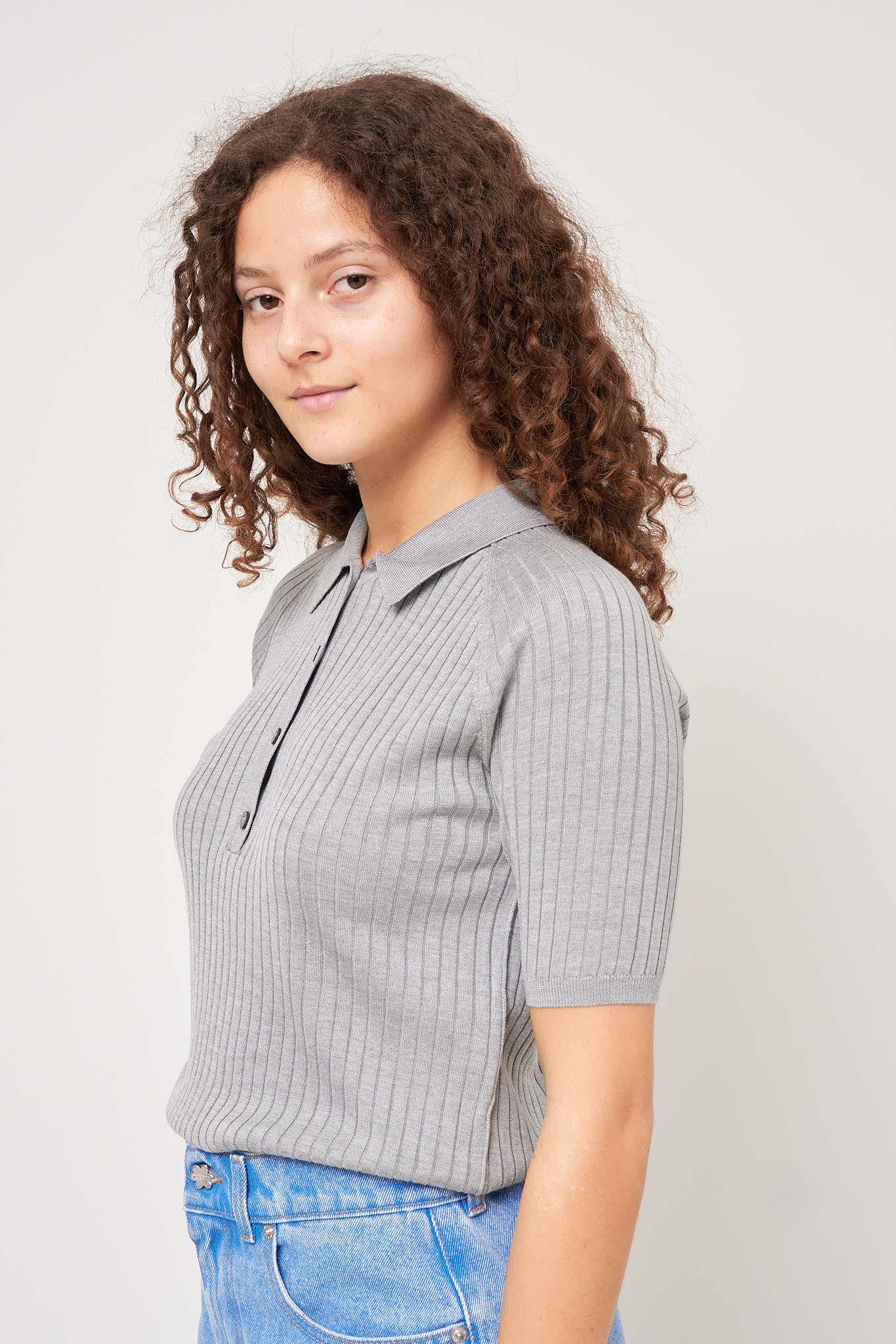 S/S Silk Polo Knit Grey