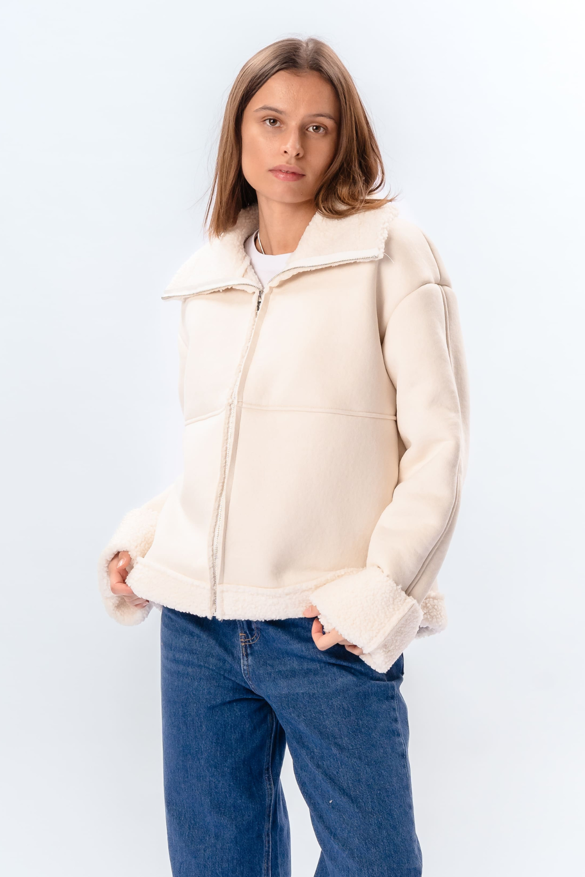 Shearling Zipper Coat - Kridt Udsalg