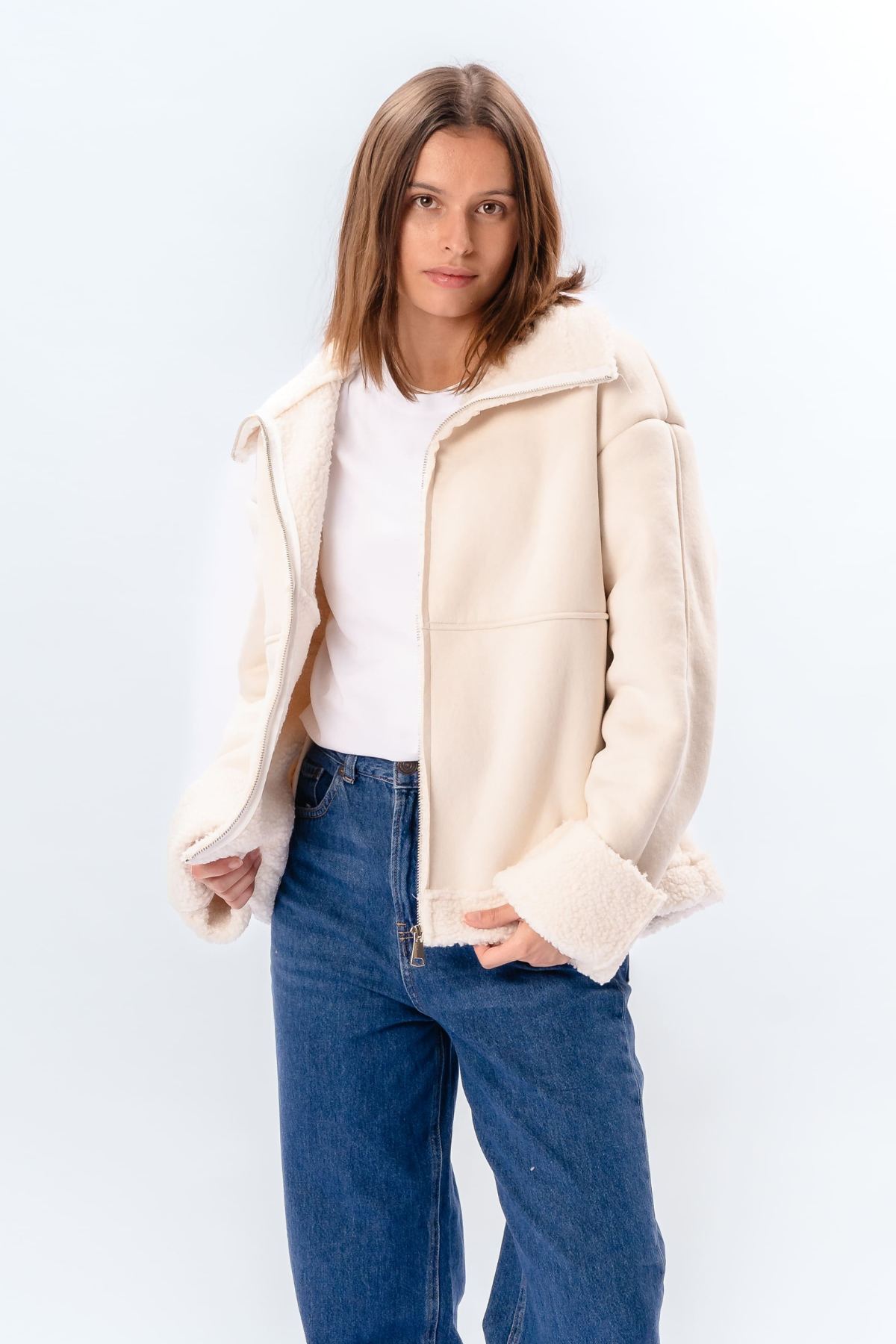 Shearling Zipper Coat - Kridt Udsalg