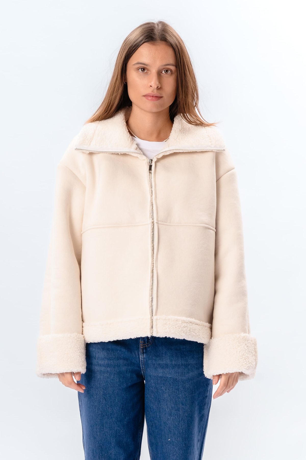 Shearling Zipper Coat - Kridt Udsalg
