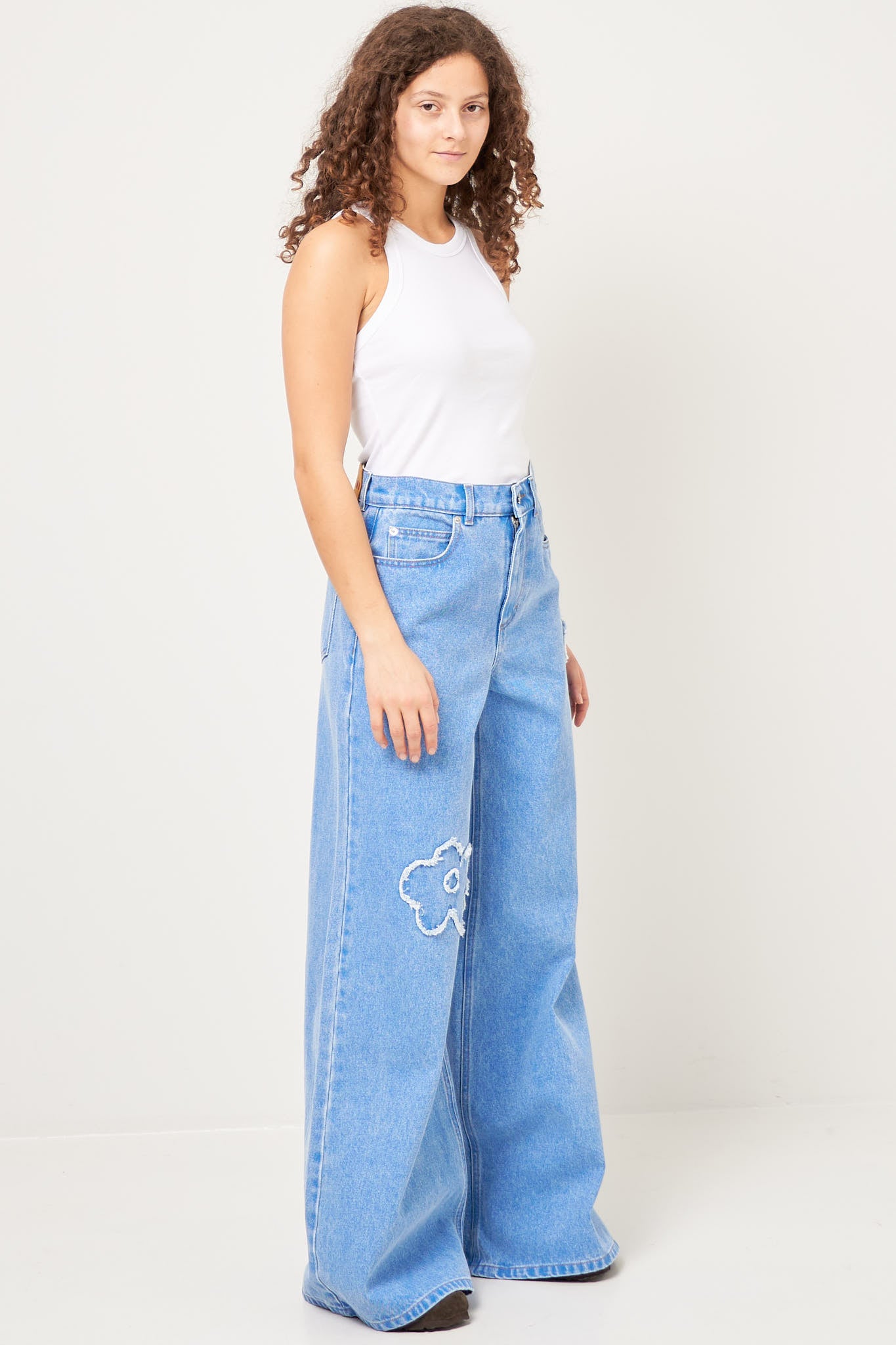 Wide Leg Jeans Patch Detail Light Blue