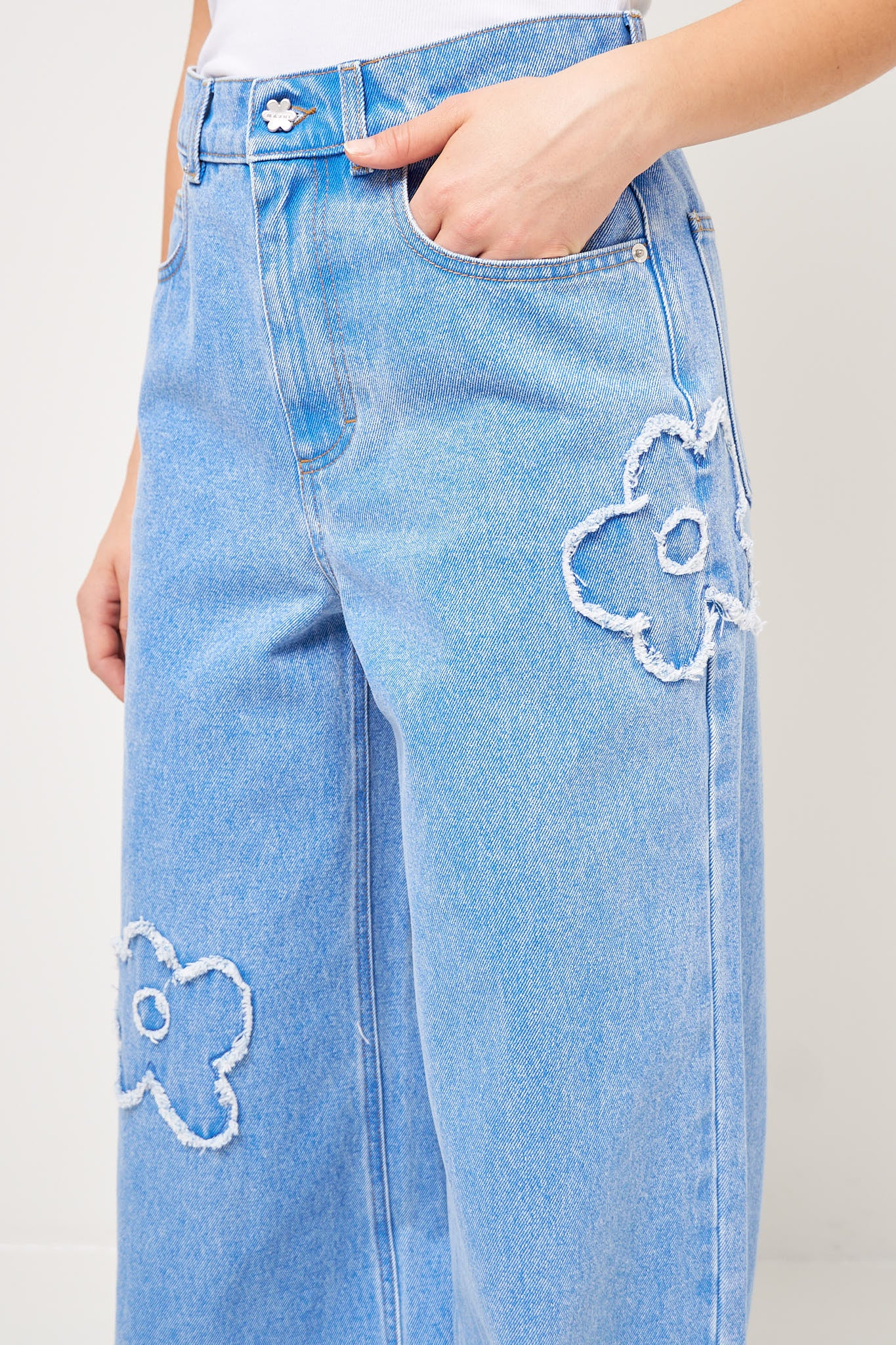 Wide Leg Jeans Patch Detail Light Blue