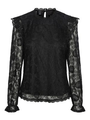 Pieces Olline Lace Bluse Black på udsalg