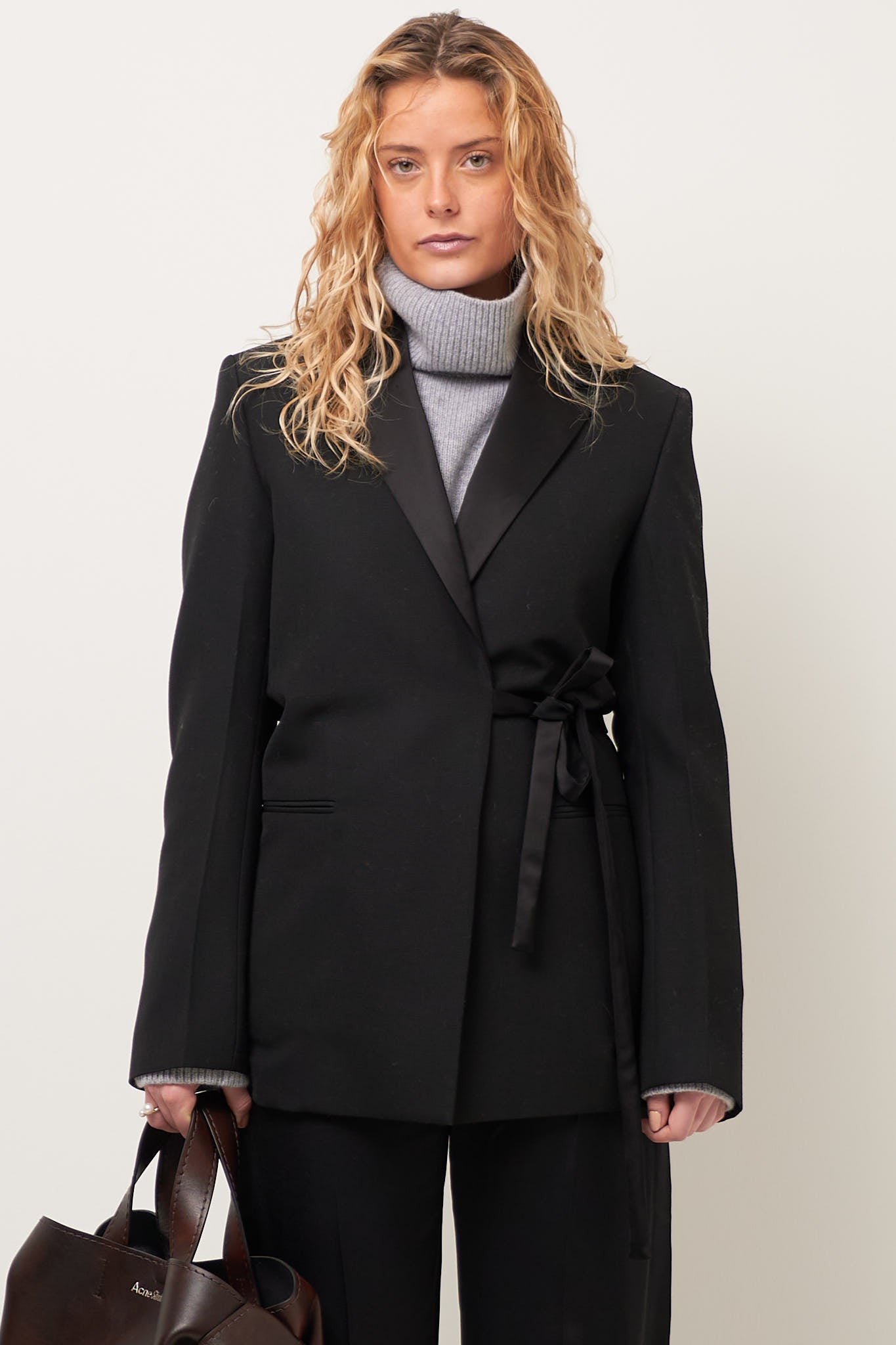 Satin-Lapel Wrap Blazer Black Online