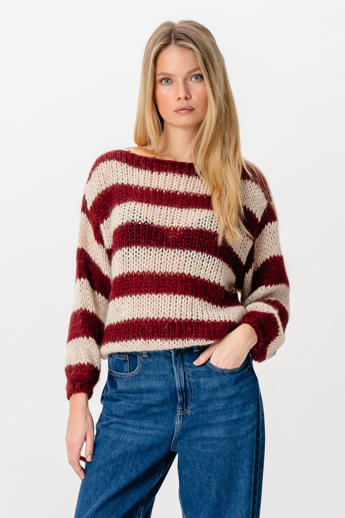 Mila Stribet Striktrøje - Bordeaux/Beige