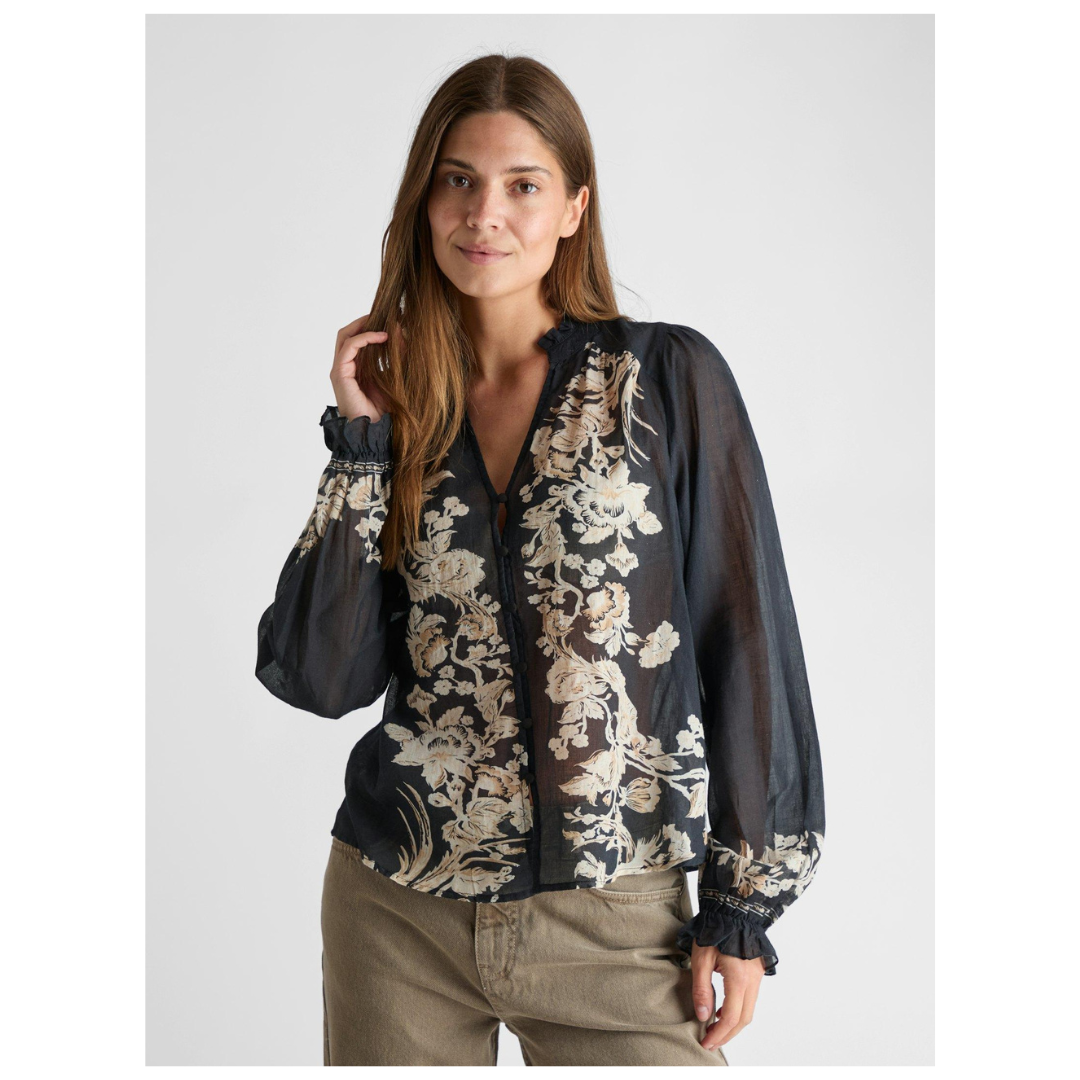 Neo Noir Brise Printed Voile Bluse Navy Rabat