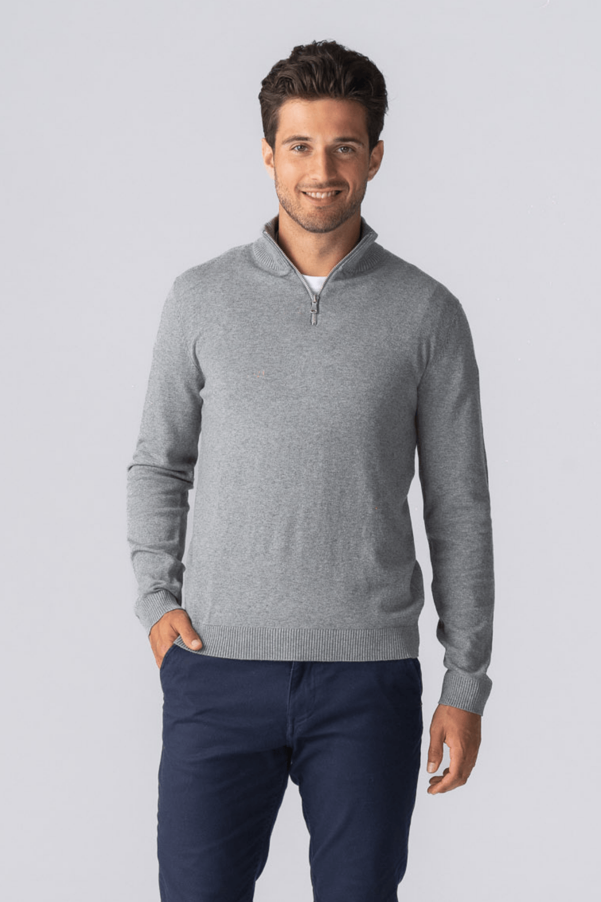 Pullover Half Zip - Grå Melange Online Hot Salg