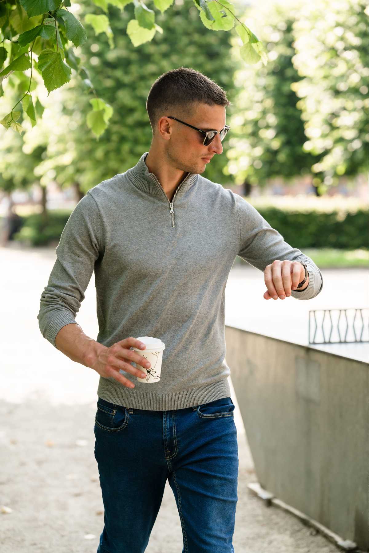 Pullover Half Zip - Grå Melange Online Hot Salg