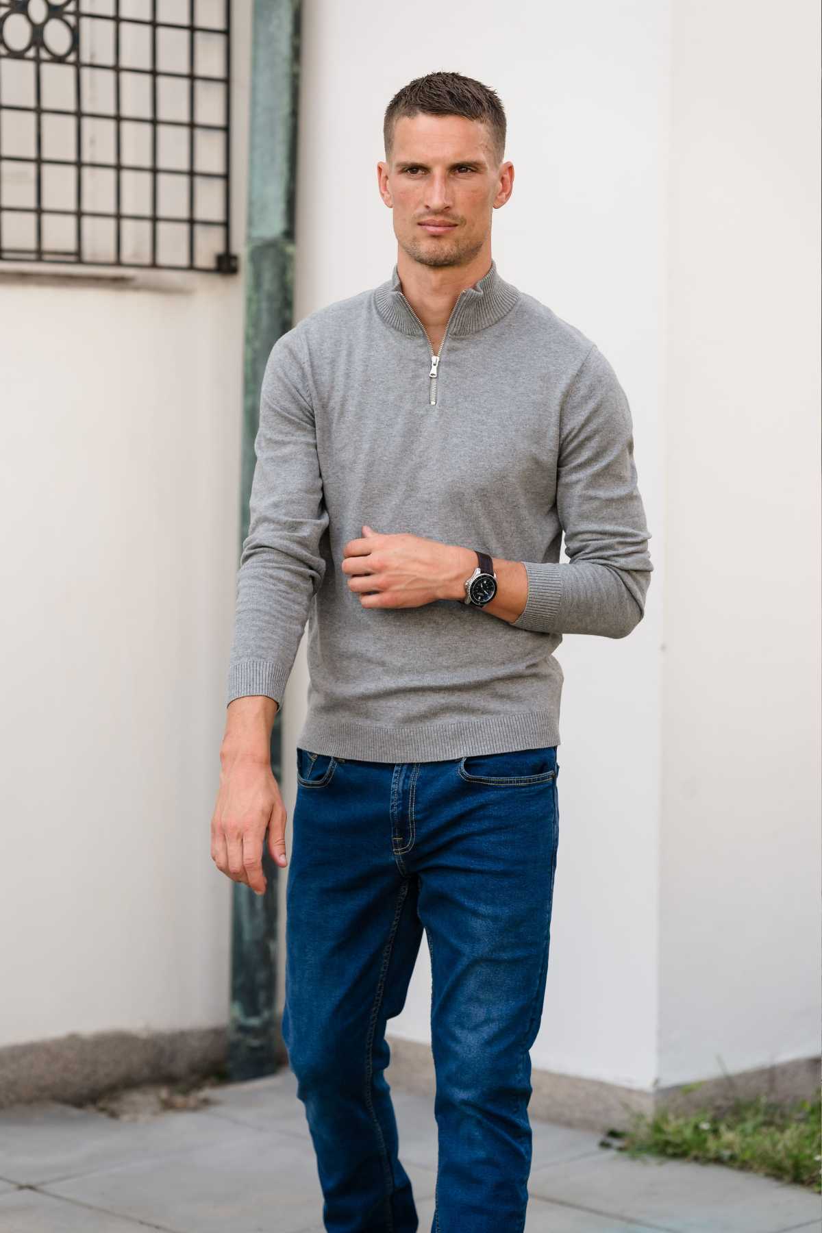 Pullover Half Zip - Grå Melange Online Hot Salg