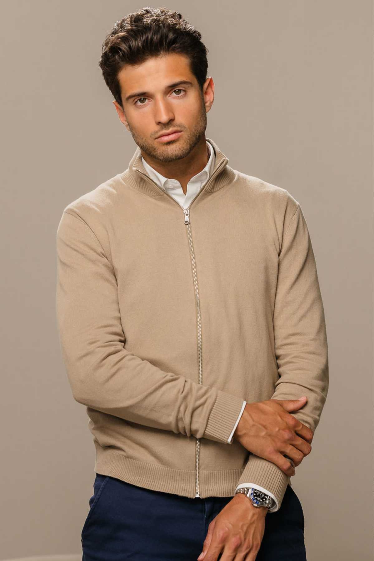 Pullover Zip Cardigan - Sand Online nu